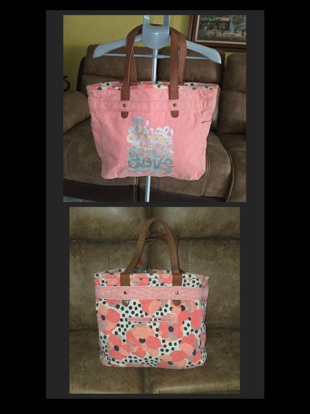 Reversible Juicy Couture Canvas Tote Bag with Brown Leather Handles